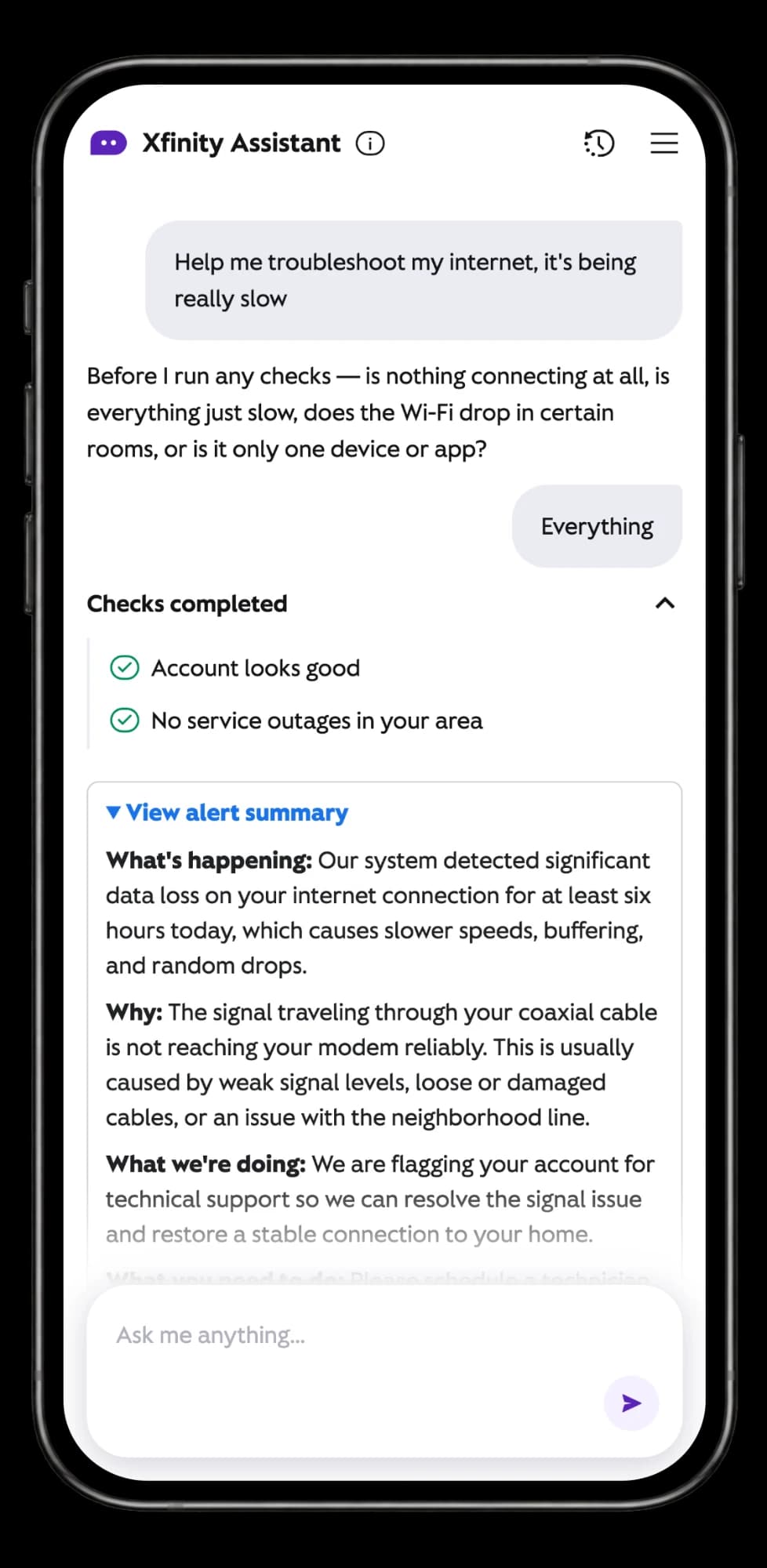 Xfinity Assistant on a phone: the agent asks clarifying questions about slow internet, runs account and outage checks, then explains a detected signal issue in an alert summary